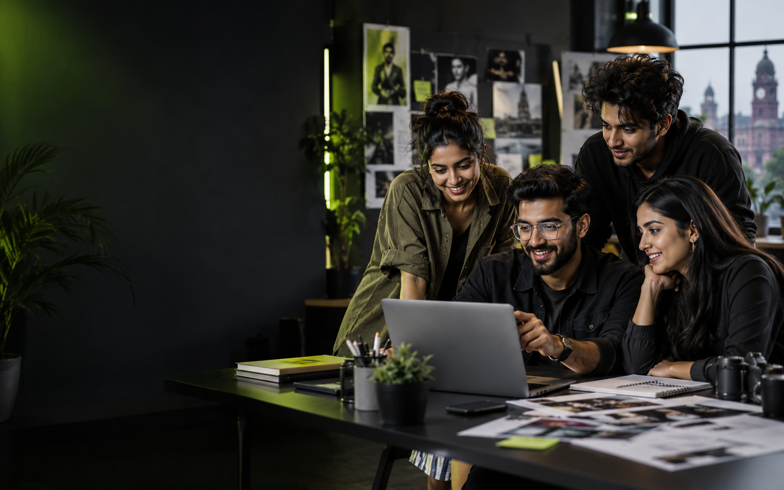 Creative marketing team collaborating in a modern studio